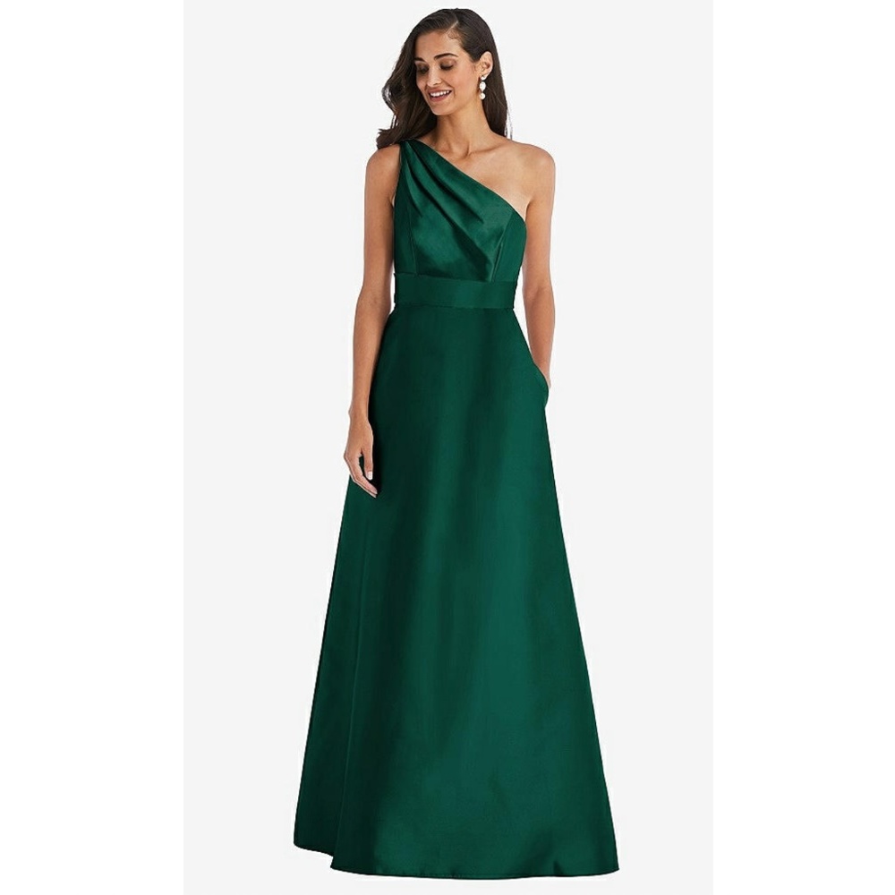 Alfred Sung: DRAPED ONE-SHOULDER SATIN MAXI DRESS WITH POCKETS (NWT) - Picture 4 of 6